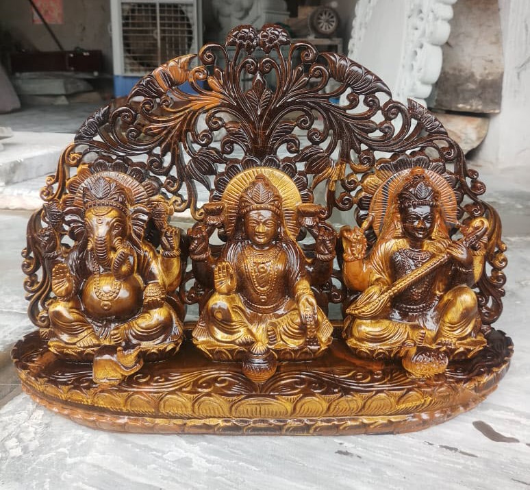 Tiger's Eye Ganesha Idols with Goddess Laxmi and Saraswati
